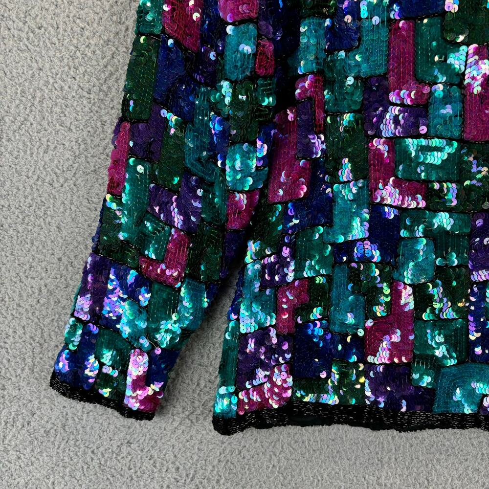 Vtg Stenay Sequin Jacket Large Retro Disco Glam Holiday Colorblock Allover - Picture 8 of 12